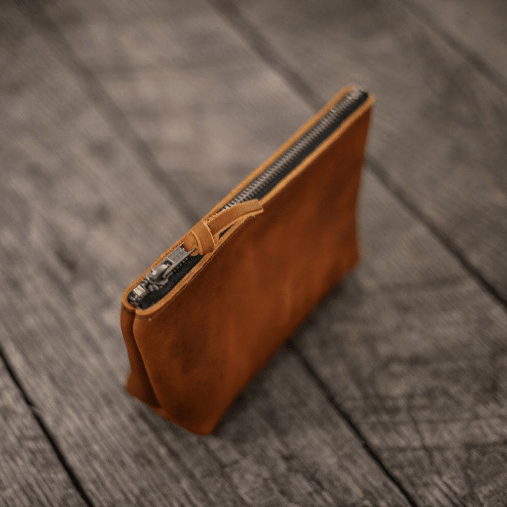 LEATHER TOP ZIPPERED POUCH - SMALL - COBALT BISON