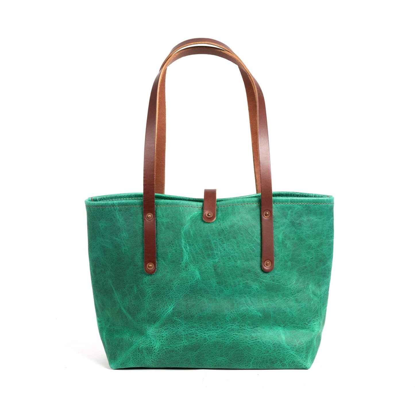 AVERY LEATHER TOTE BAG - MEDIUM - PINE GREEN BISON - LARGE FRONT POCKET - HEMMED TOP - BUTTON STUD - IN STOCK