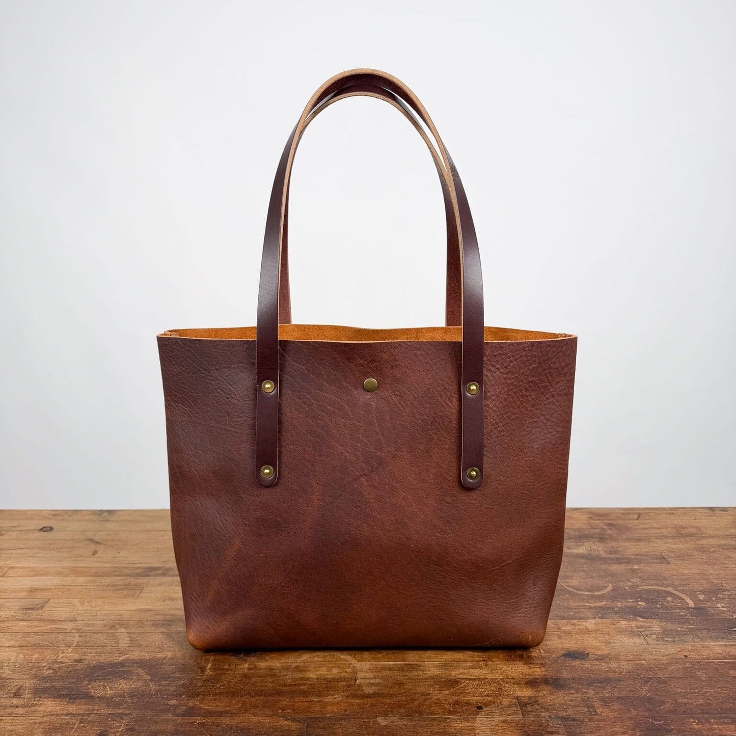 AVERY LEATHER TOTE BAG - MEDIUM - SADDLE - MOCHA STRAPS - SNAP CLOSURE - IN STOCK