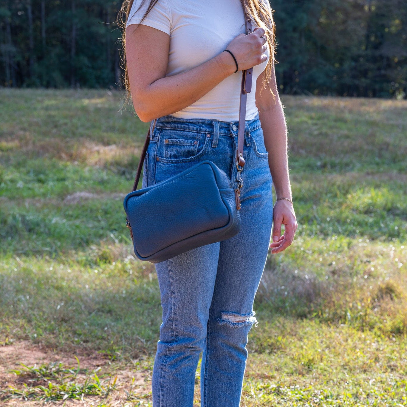 SARAH LEATHER CROSSBODY - SMOKEY BLUE