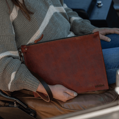 FELICITY ZIPPERED CLUTCH WITH WRISTLET LARGE - REDWOOD BISON