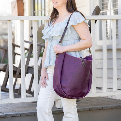 CELESTE LEATHER HOBO BAG - LARGE - GRAPE BISON