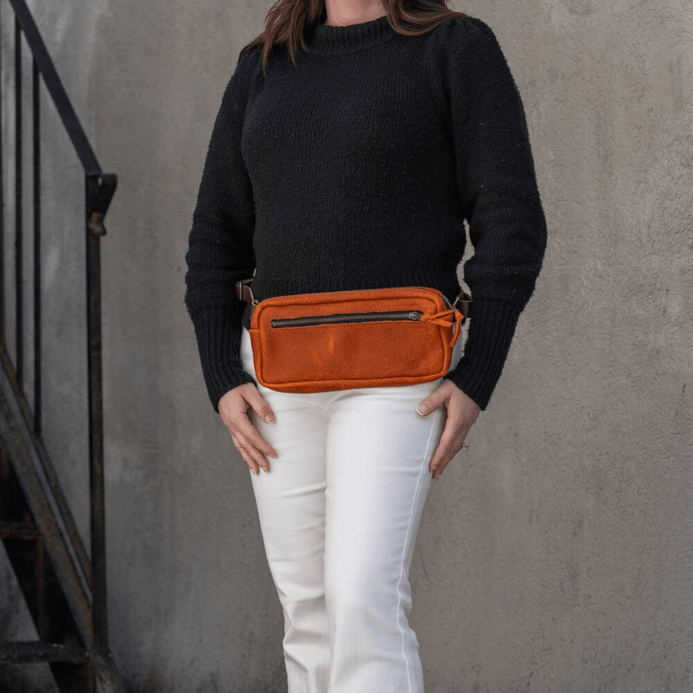 LEATHER FANNY PACK / LEATHER WAIST BAG - DELUXE - TANGERINE BISON