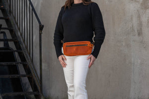 LEATHER FANNY PACK / LEATHER WAIST BAG - DELUXE - TANGERINE BISON