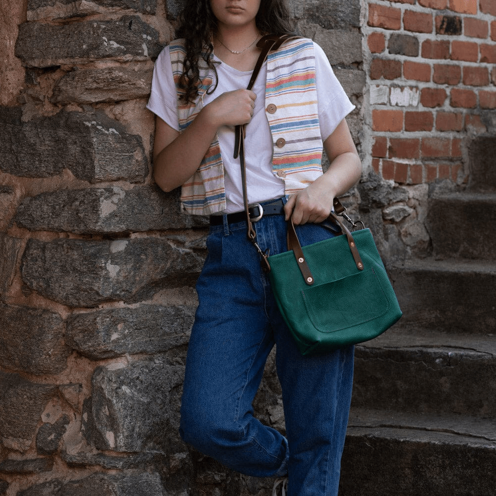 AVERY LEATHER TOTE BAG - MINI CROSSBODY - PINE GREEN BISON