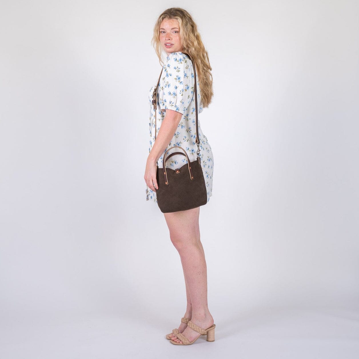 AVERY LEATHER TOTE BAG - MINI CROSSBODY - CHOCOLATE SUEDE - IN STOCK