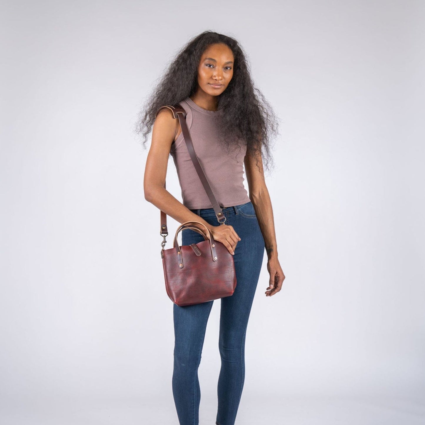 AVERY LEATHER TOTE BAG - MINI CROSSBODY - WINE BISON