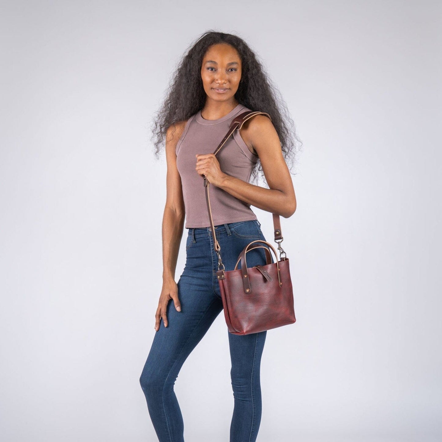 AVERY LEATHER TOTE BAG - MINI CROSSBODY - WINE BISON