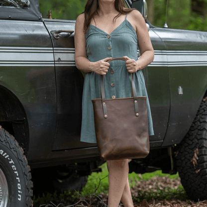AVERY LEATHER TOTE BAG - SLIM MEDIUM - RUSTIC PECAN