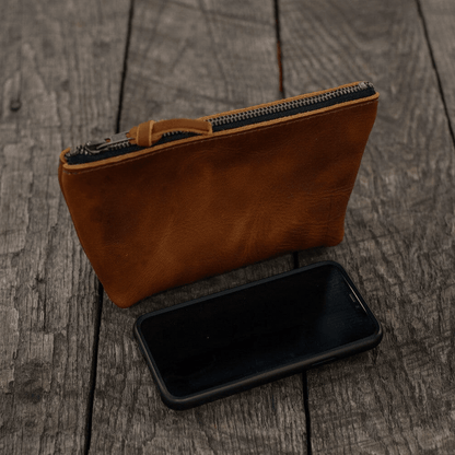 LEATHER TOP ZIPPERED POUCH - SMALL - COBALT BISON