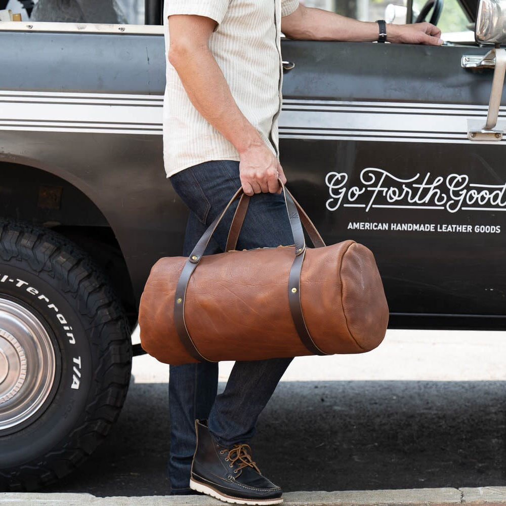 LEATHER ZIPPERED WEEKENDER DUFFLE BAG MADE IN USA TRAVEL