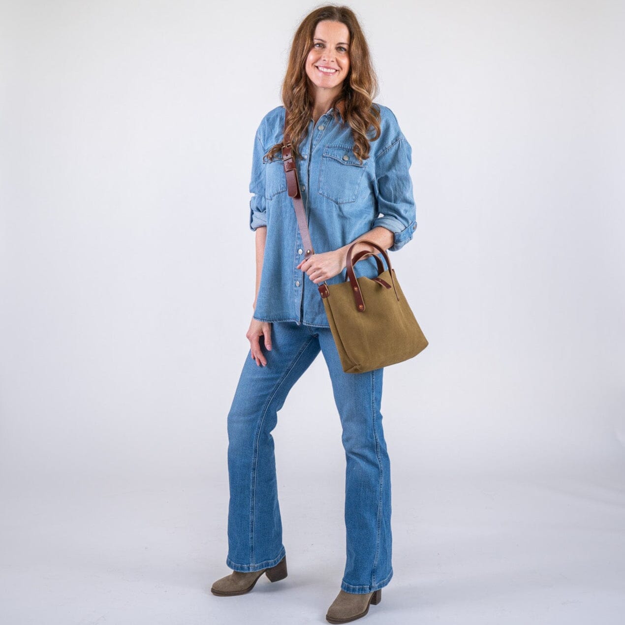 AVERY LEATHER TOTE BAG - MINI CROSSBODY - PISTACHIO SUEDE - IN STOCK