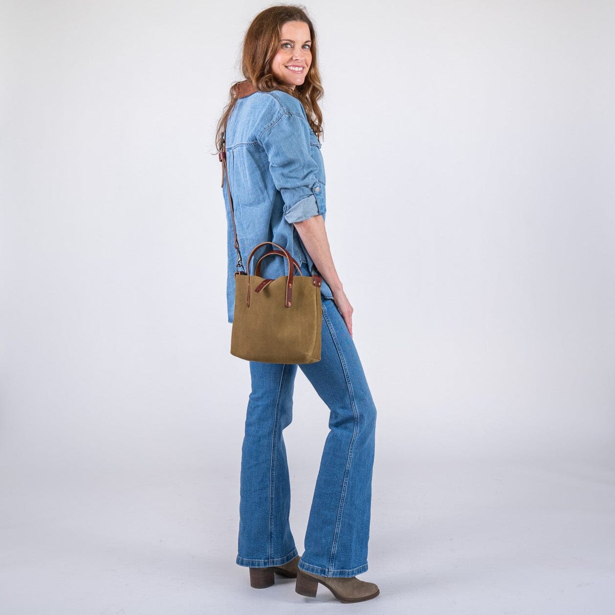 AVERY LEATHER TOTE BAG - MINI CROSSBODY - PISTACHIO SUEDE - IN STOCK