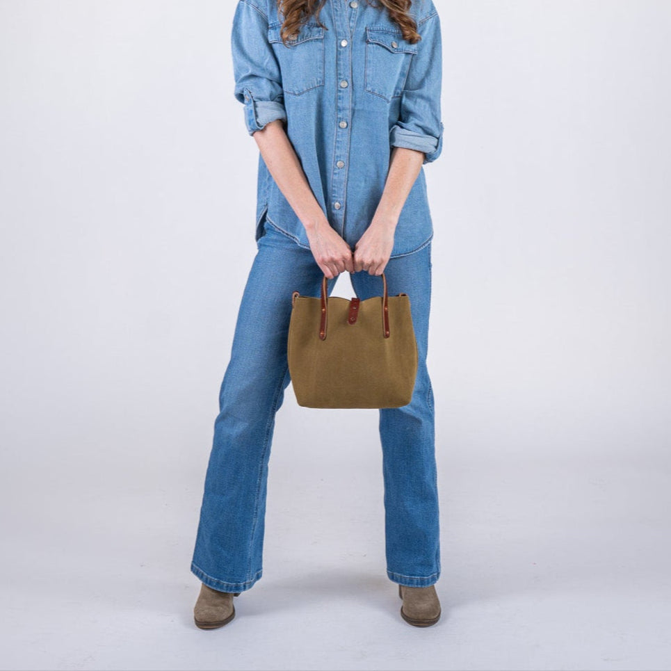 AVERY LEATHER TOTE BAG - MINI CROSSBODY - PISTACHIO SUEDE - IN STOCK