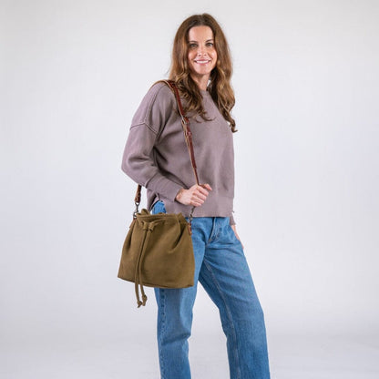 ABBY LEATHER BUCKET BAG - PISTACHIO SUEDE - IN STOCK