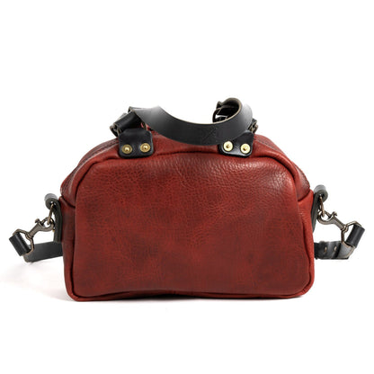 HOFFMAN LEATHER CROSSBODY BAG - MINI - WINE BISON - BLACK STRAPS - OUTSIDE HEMMED POCKET - INSIDE KEY CLIP - IN STOCK