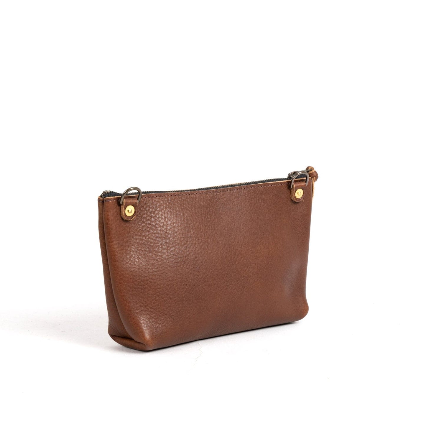 LEATHER ZIPPERED POUCH WITH GUSSET WITH D-RINGS - LARGE - SADDLE - SMOOTH GRAIN - IN STOCK