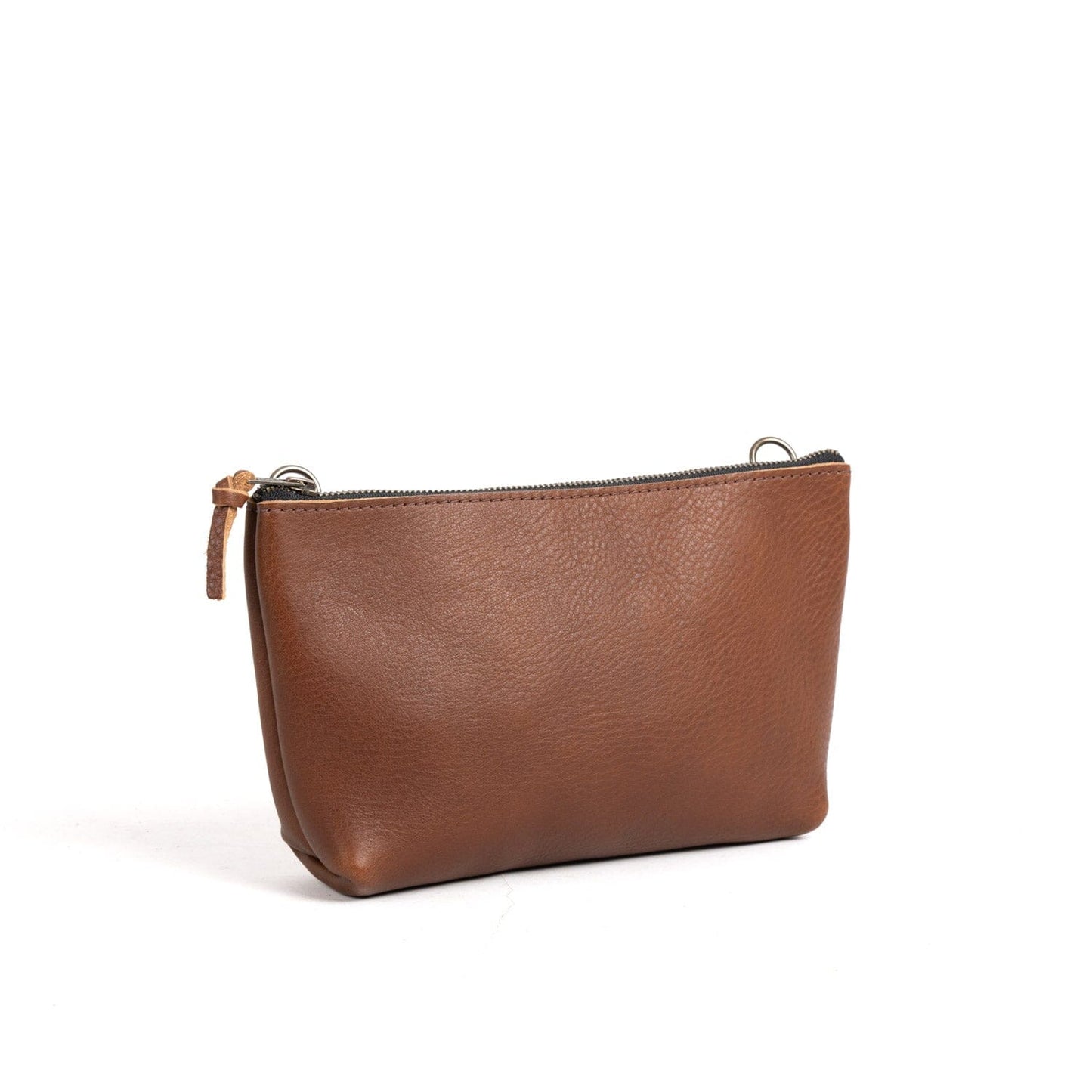 LEATHER ZIPPERED POUCH WITH GUSSET WITH D-RINGS - LARGE - SADDLE - SMOOTH GRAIN - IN STOCK
