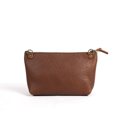 LEATHER ZIPPERED POUCH WITH GUSSET WITH D-RINGS - LARGE - SADDLE - PEBBLY GRAIN - IN STOCK