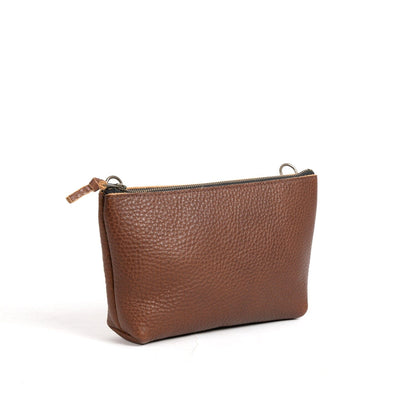 LEATHER ZIPPERED POUCH WITH GUSSET WITH D-RINGS - LARGE - SADDLE - PEBBLY GRAIN - IN STOCK