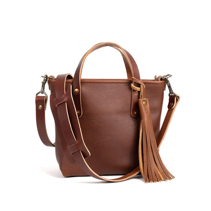 AVERY LEATHER TOTE BAG - MINI CROSSBODY - SADDLE WITH TASSEL - IN STOCK