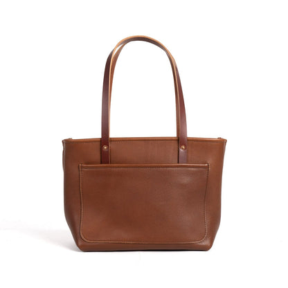 AVERY LEATHER TOTE BAG - MEDIUM  - SADDLE - CLOSED ZIPPER - HEMMED FRONT POCKET - IN STOCK