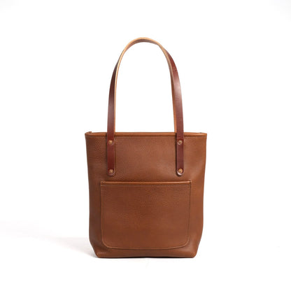 AVERY LEATHER TOTE BAG - SLIM MEDIUM - SADDLE - ZIPPER - FRONT POCKET - IN STOCK