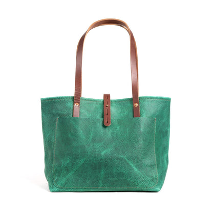 AVERY LEATHER TOTE BAG - MEDIUM - PINE GREEN BISON - LARGE FRONT POCKET - HEMMED TOP - BUTTON STUD - IN STOCK