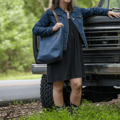 AVERY LEATHER TOTE BAG - SLIM MEDIUM - SMOKEY BLUE
