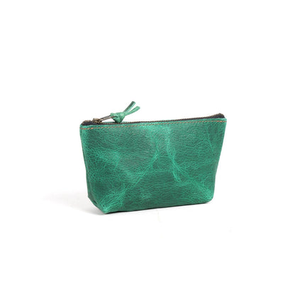 LEATHER ZIPPERED POUCH WITH GUSSET - SMALL - PINE GREEN BISON - IN STOCK