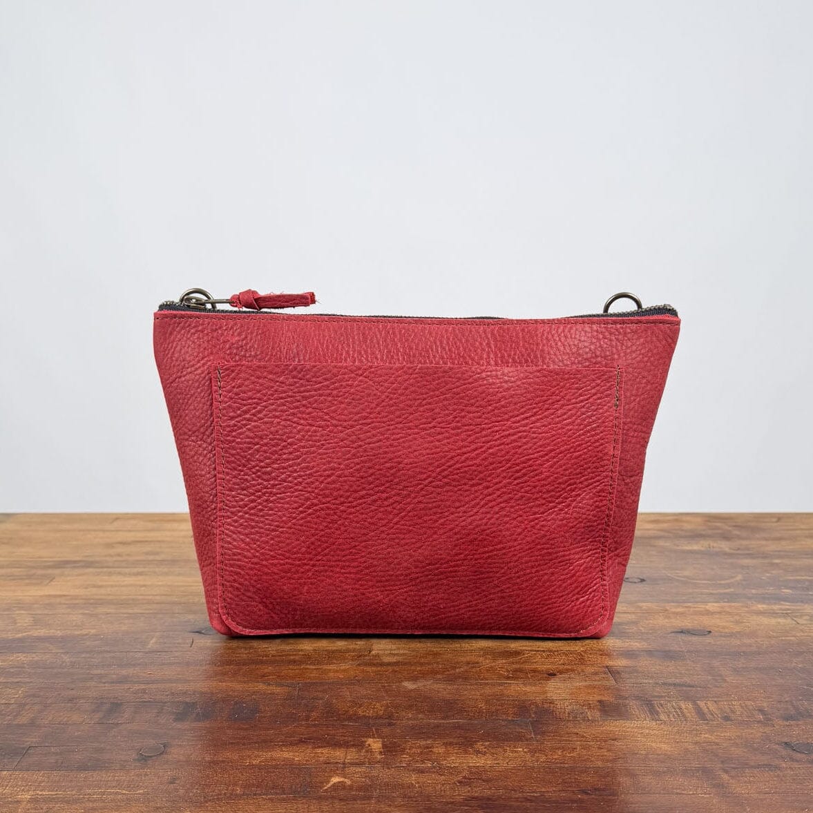 LEATHER ZIPPERED POUCH WITH GUSSET - EXTRA LARGE - GARNET RED - FRONT POCKET - D-RINGS - IN STOCK