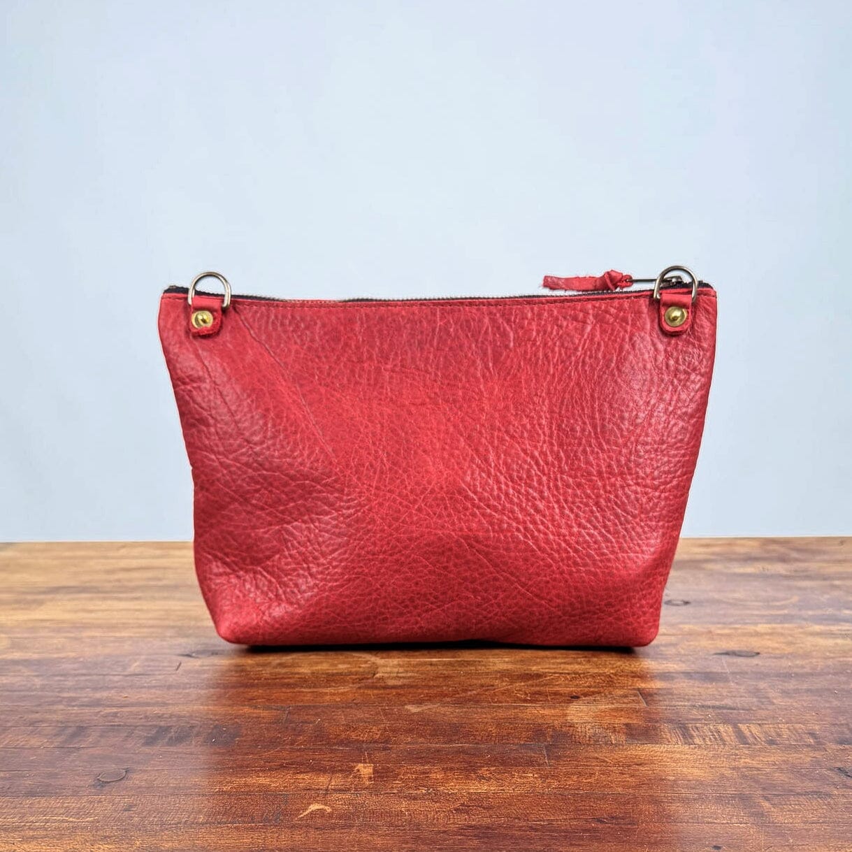 LEATHER ZIPPERED POUCH WITH GUSSET - EXTRA LARGE - GARNET RED - FRONT POCKET - D-RINGS - IN STOCK