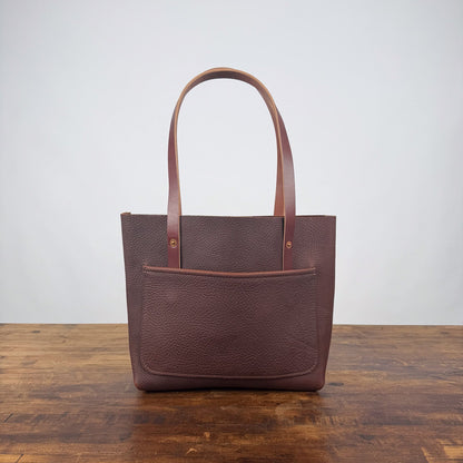 AVERY LEATHER TOTE BAG - SMALL - DARK SADDLE - LARGE FRONT POCKET - TWO LOOSE INSIDE POCKETS - IN STOCK