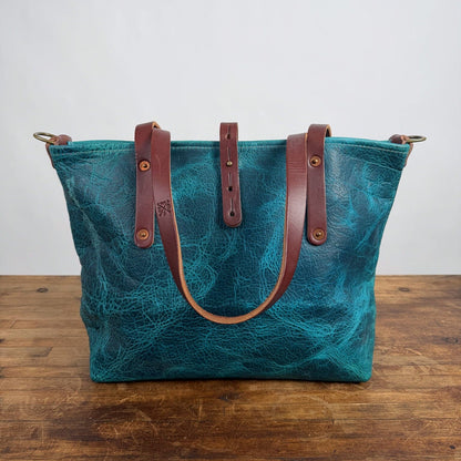 AVERY LEATHER TOTE BAG - MEDIUM - COBALT BISON - D-RIINGS - HEMMED TOP - BUTTON STUD - NEARLY PERFECT - IN STOCK
