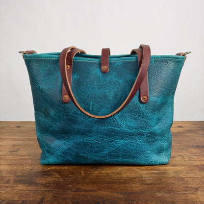 AVERY LEATHER TOTE BAG - MEDIUM - COBALT BISON - D-RIINGS - HEMMED TOP - BUTTON STUD - NEARLY PERFECT - IN STOCK