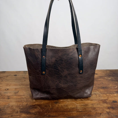 AVERY LEATHER TOTE BAG - MEDIUM - CHARCOAL BISON - HIDDEN SNAPS - 9" DROP - NEARLY PERFECT - IN STOCK