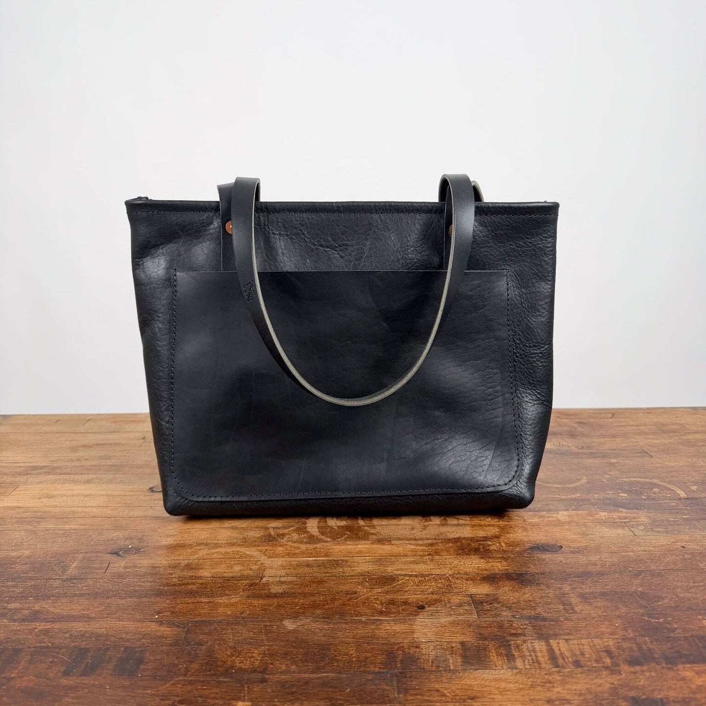 AVERY LEATHER TOTE BAG - SMALL - BLACK BISON - ZIPPER - LARGE FRONT POCKET - 9" STRAP DROP - IN STOCK