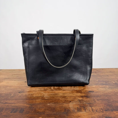 AVERY LEATHER TOTE BAG - SMALL - BLACK BISON - ZIPPER - LARGE FRONT POCKET - 9" STRAP DROP - IN STOCK