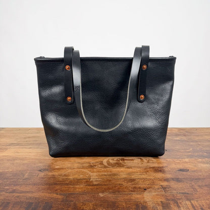 AVERY LEATHER TOTE BAG - SMALL - BLACK BISON - ZIPPER - LARGE FRONT POCKET - 9" STRAP DROP - IN STOCK