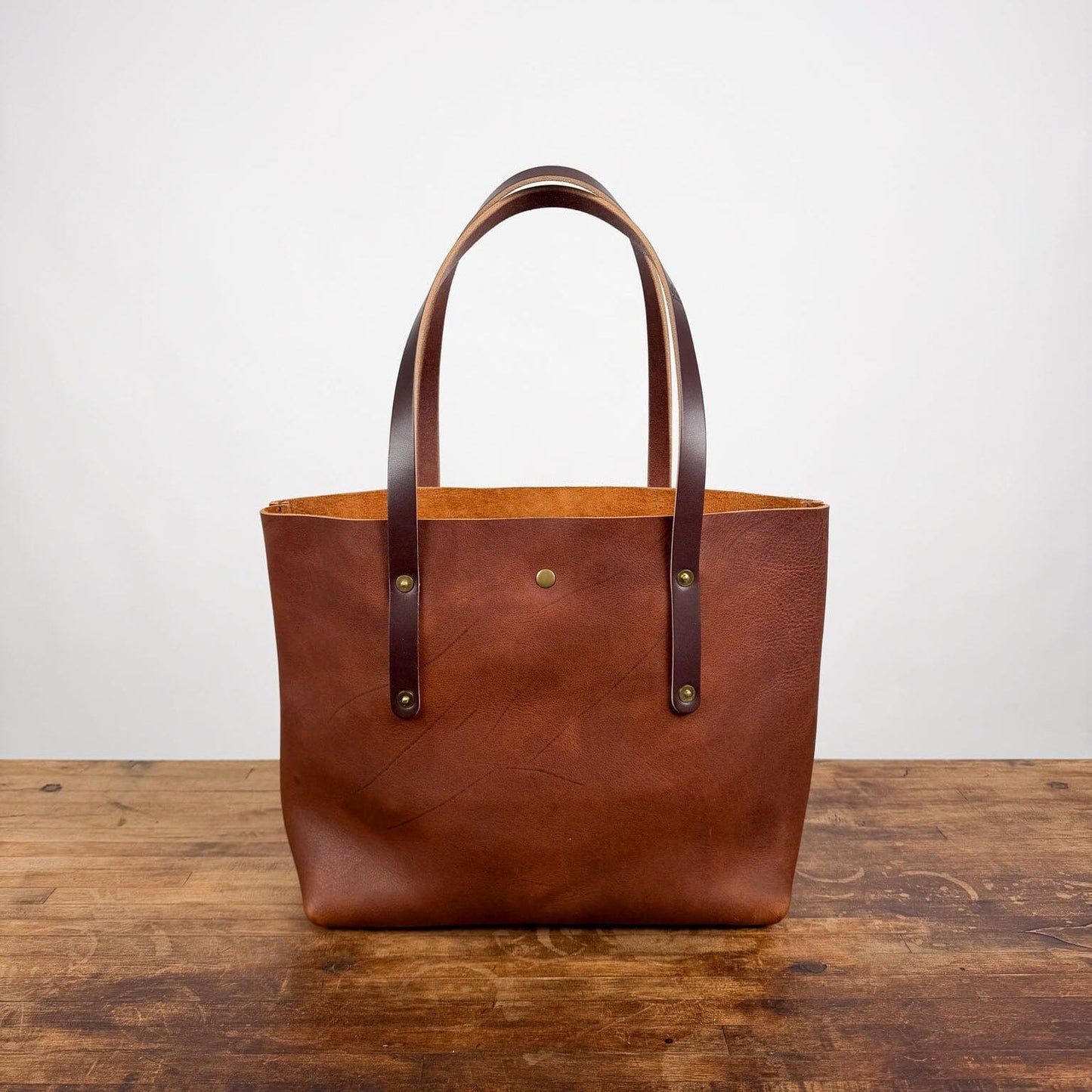 AVERY LEATHER TOTE BAG - MEDIUM  - SADDLE - MOCHA STRAPS - SNAP CLOSURE - IN STOCK