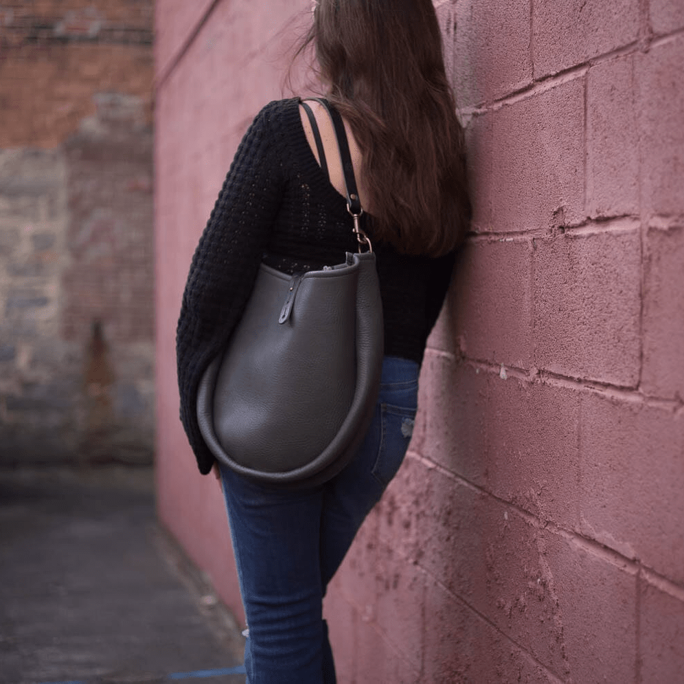 CELESTE LEATHER HOBO BAG - MEDIUM - LEAD GRAY