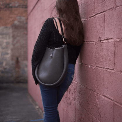 CELESTE LEATHER HOBO BAG - MEDIUM - LEAD GRAY