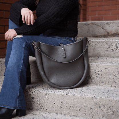 CELESTE LEATHER HOBO BAG - MEDIUM - LEAD GRAY