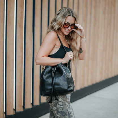 ABBY LEATHER BUCKET BAG - BLACK BISON