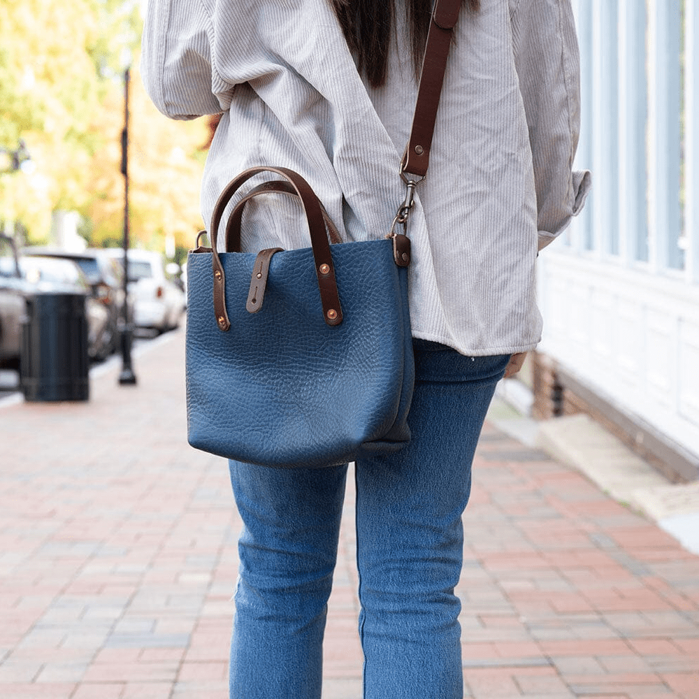 AVERY LEATHER TOTE BAG - MINI CROSSBODY - SMOKEY BLUE
