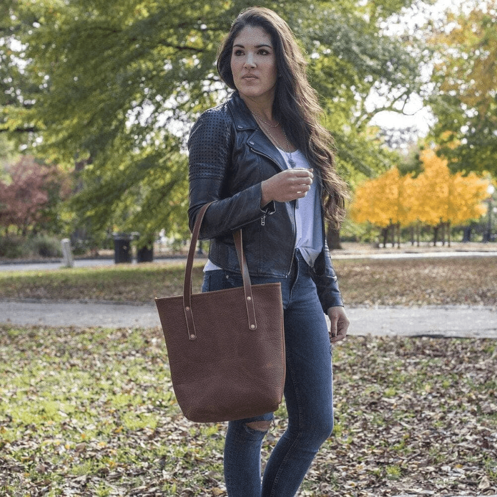 AVERY LEATHER TOTE BAG - SLIM MEDIUM - TANGERINE BISON