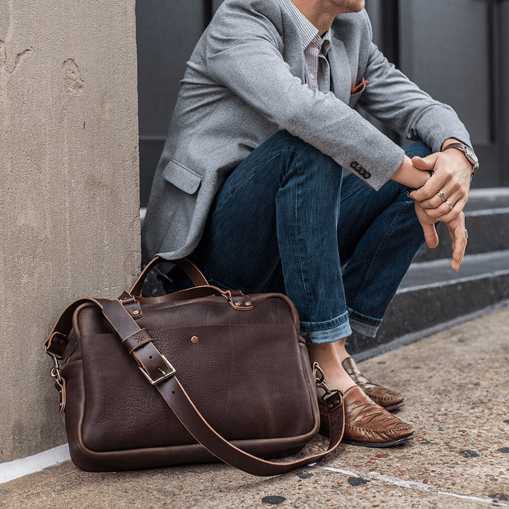 HARRIS LEATHER BRIEFCASE - MOCHA - IN STOCK