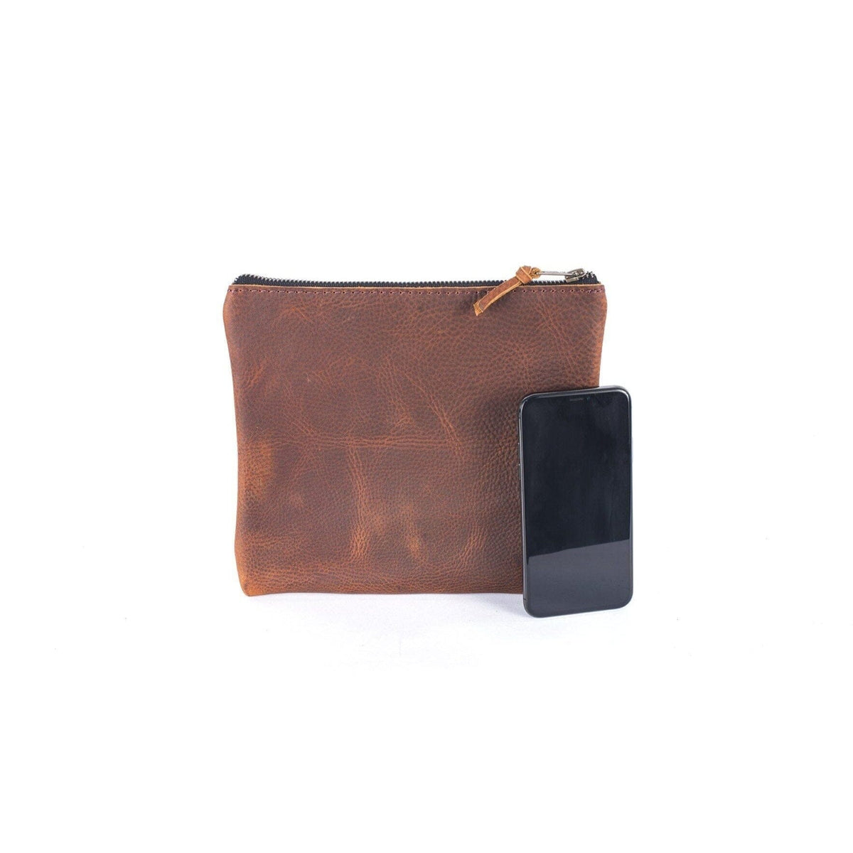 LEATHER TOP ZIPPER POUCH - INDIGO BISON