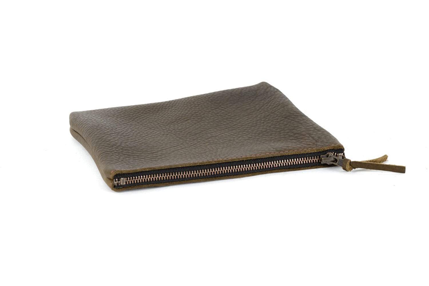 LEATHER TOP ZIPPER POUCH - OLIVE