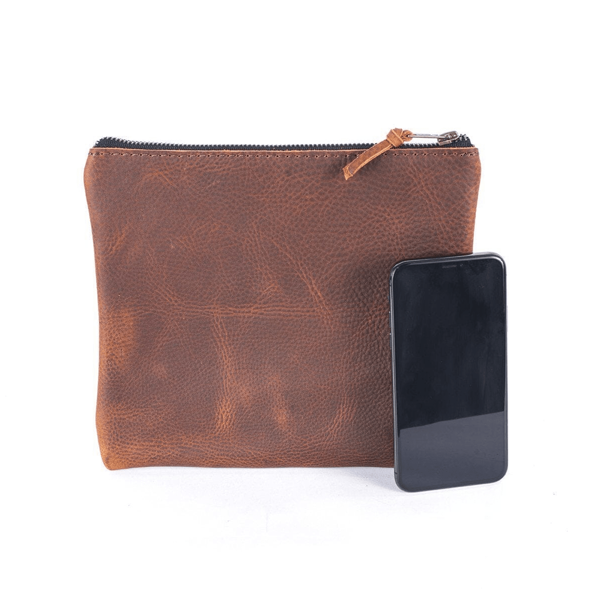 LEATHER TOP ZIPPER POUCH - COBALT BISON